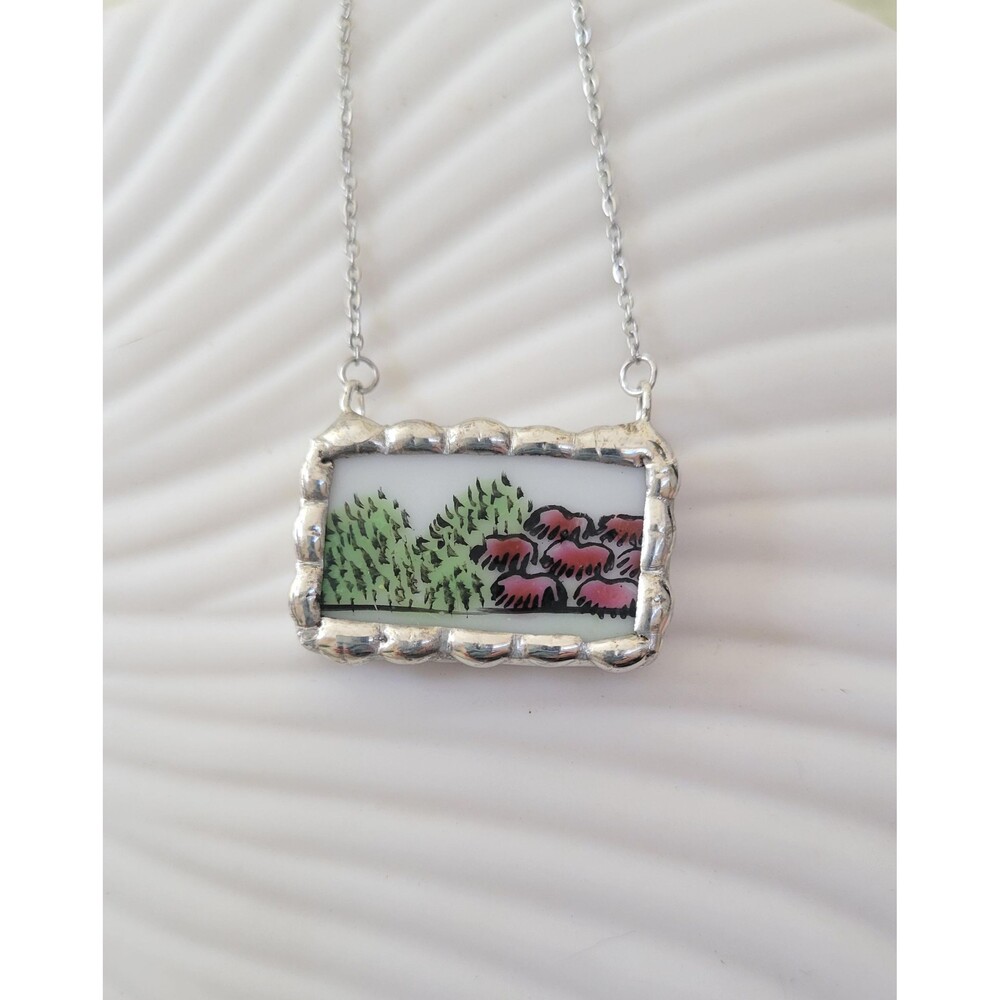 Upcycled Porcelain Necklace, Hand Painted Landscape Pendant